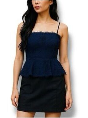 Navy Lace-Trim Peplum Cami Dress
